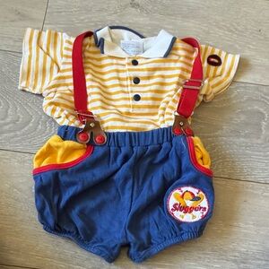 Unbranded Kids Yellow Striped Polo & Blue Suspender Matching Set